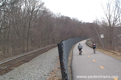 photo - bicyclists on paved bikeway along RR tracks.